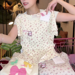 Floral Cat Embroidered Square-Neck Top – Women’s Slim Fit Sweet Short Sleeve Blouse