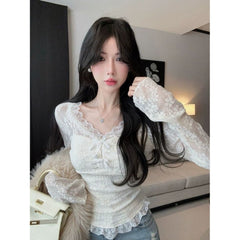 Lace Bow Long Sleeve Blouse – Women’s Slim-Fit Elegant Base Top
