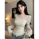 Lace Bow Long Sleeve Blouse – Women’s Slim-Fit Elegant Base Top