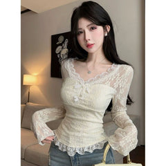 Lace Bow Long Sleeve Blouse – Women’s Slim-Fit Elegant Base Top