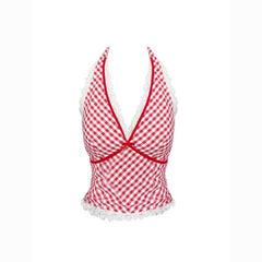 Korean Style Lace V-Neck Halter Camisole – Elegant Sleeveless Crop Red Top