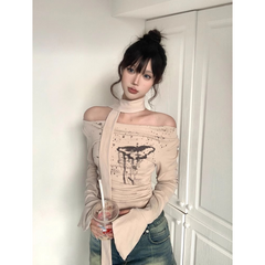 Maillard Off-Shoulder Slim Fit Crop Top – Vintage Long Sleeve Ribbon Tee for Women