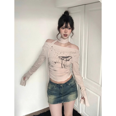 Maillard Off-Shoulder Slim Fit Crop Top – Vintage Long Sleeve Ribbon Tee for Women