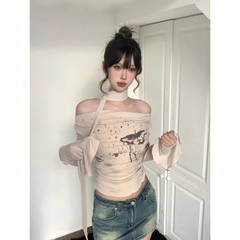 Maillard Off-Shoulder Slim Fit Crop Top – Vintage Long Sleeve Ribbon Tee for Women