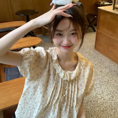Korean Floral Doll Collar Blouse – Fresh Chiffon Ruffle Top