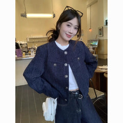 French Navy Blue Short Jacket – Elegant Tweed Style Round Neck Coat