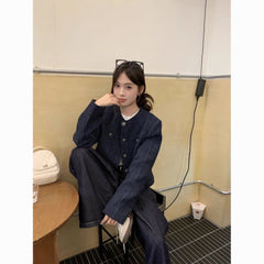 French Navy Blue Short Jacket – Elegant Tweed Style Round Neck Coat