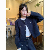 French Navy Blue Short Jacket – Elegant Tweed Style Round Neck Coat