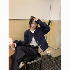 French Navy Blue Short Jacket – Elegant Tweed Style Round Neck Coat