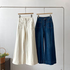 White High-Waist Wide-Leg Jeans – Loose Straight Stretch Denim Pants for Women