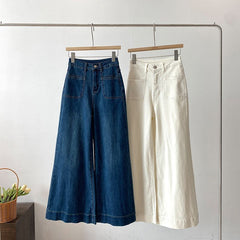 White High-Waist Wide-Leg Jeans – Loose Straight Stretch Denim Pants for Women