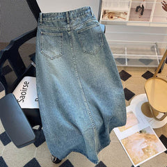 High-Waist Split Denim Skirt – Mid-Length A-Line Slim Fit Skirt for Women