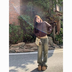 High-Waist Vintage Straight-Leg Jeans – Washed Wide-Leg Slim Fit Denim Pants for Women