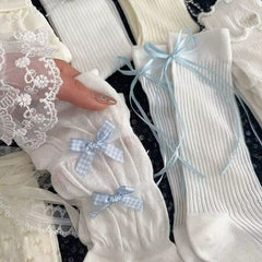 White Lace Bow Mid-Calf Socks – Sweet Fairy Style Long Socks for Women