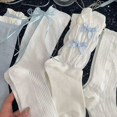 White Lace Bow Mid-Calf Socks – Sweet Fairy Style Long Socks for Women