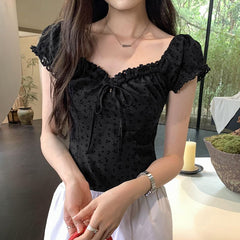 Black lace square neck floral embroidered tops