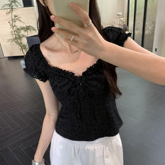 Black lace square neck floral embroidered tops