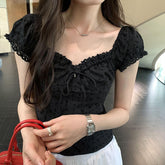 Black lace square neck floral embroidered tops