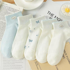 Women’s Mesh Low-Cut Boat Socks – Cute Blue Puppy Design in Japanese Sweet Style