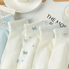 Women’s Mesh Low-Cut Boat Socks – Cute Blue Puppy Design in Japanese Sweet Style