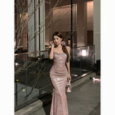 French Style Sparkly Draped Spaghetti Strap Bodycon Long Dress