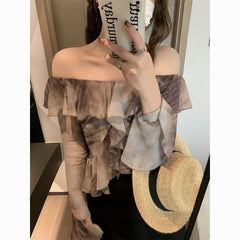 French Retro Floral Ruffle Off Shoulder Crop Top