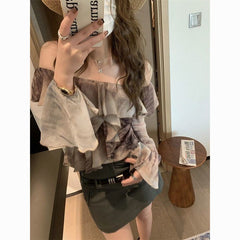 French Retro Floral Ruffle Off Shoulder Crop Top