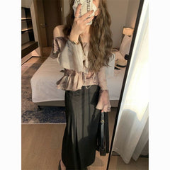 French Retro Floral Ruffle Off Shoulder Crop Top