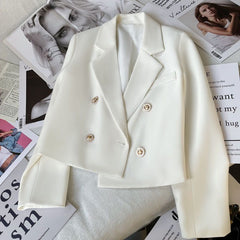 White Double-Breasted Fitted Short Blazer