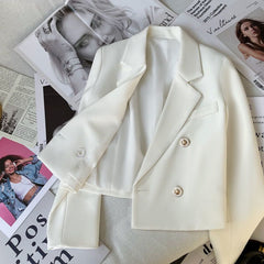 White Double-Breasted Fitted Short Blazer