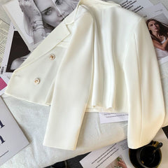 White Double-Breasted Fitted Short Blazer
