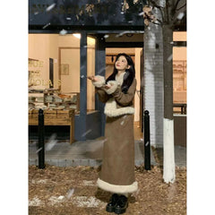 Suede Fur Collar Quilted Jacket and Skirt Set