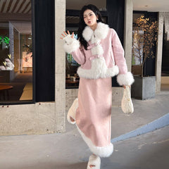 Suede Fur Collar Quilted Jacket and Skirt Set