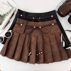 Brown Pleated High-Waist PU Mini Skirt