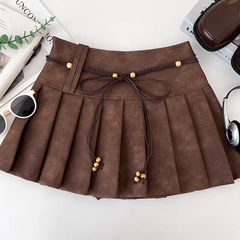 Brown Pleated High-Waist PU Mini Skirt