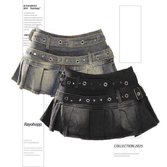 High Waist A-Line Pleated Denim Mini Skirt Women Slim Fit