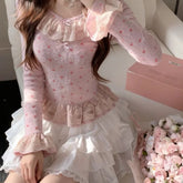 Pink Heart Lace Velvet Fitted Waist Base Top