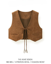 Brown Suede Layered Tie V-Neck Crop Vest