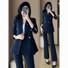 Women’s Navy Blue Blazer Suit Set – Gold Button Old Money Style Officewear