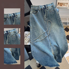 High-Waist Split Denim Skirt – Mid-Length A-Line Slim Fit Skirt for Women