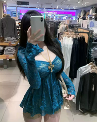 Elegant Square Neck Lace Top – Slim Fit Sexy Women’s Autumn Lace Blouse