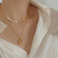 Minimalist Pearl & Plaid Teardrop Pendant Necklace Set