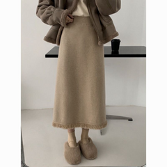 Vintage Knit Tassel Split Skirt | Thickened Mid-Length Wool Skirt for Women