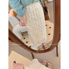 White Lace skirt high-waisted long a-line mid-length skirt