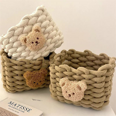 INS Style Little Bear Cotton Linen Woven Storage Basket - Cute Desktop Organizer for Cosmetics, Snacks, and Dormitory Use