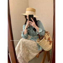 White Lace skirt high-waisted long a-line mid-length skirt