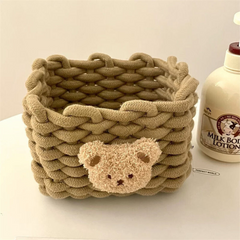 INS Style Little Bear Cotton Linen Woven Storage Basket - Cute Desktop Organizer for Cosmetics, Snacks, and Dormitory Use