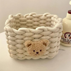 INS Style Little Bear Cotton Linen Woven Storage Basket - Cute Desktop Organizer for Cosmetics, Snacks, and Dormitory Use