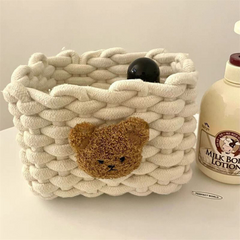 INS Style Little Bear Cotton Linen Woven Storage Basket - Cute Desktop Organizer for Cosmetics, Snacks, and Dormitory Use