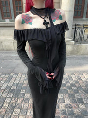 V-Neck Ruffle Long Sleeve Knitted Dress for Women | Slim-Fit Bodycon, Waist-Cinching, Knee-Length